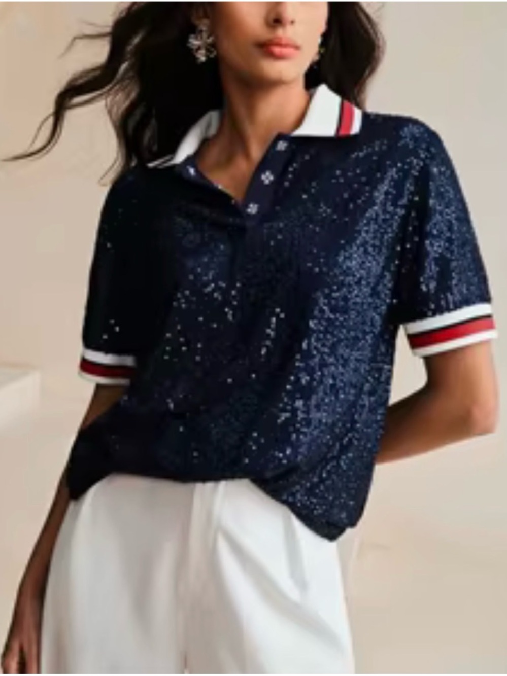 Anewsta Navy Sequin Polo Top with Contrast Trim T-shirt  SzS